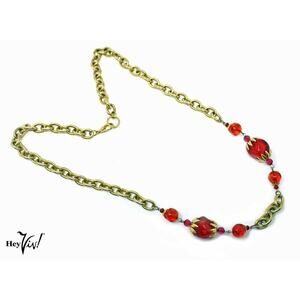 Vintage Chunky Bead Necklace w Red Globe Bead Gold Metal Chain 28" Long- Hey Viv